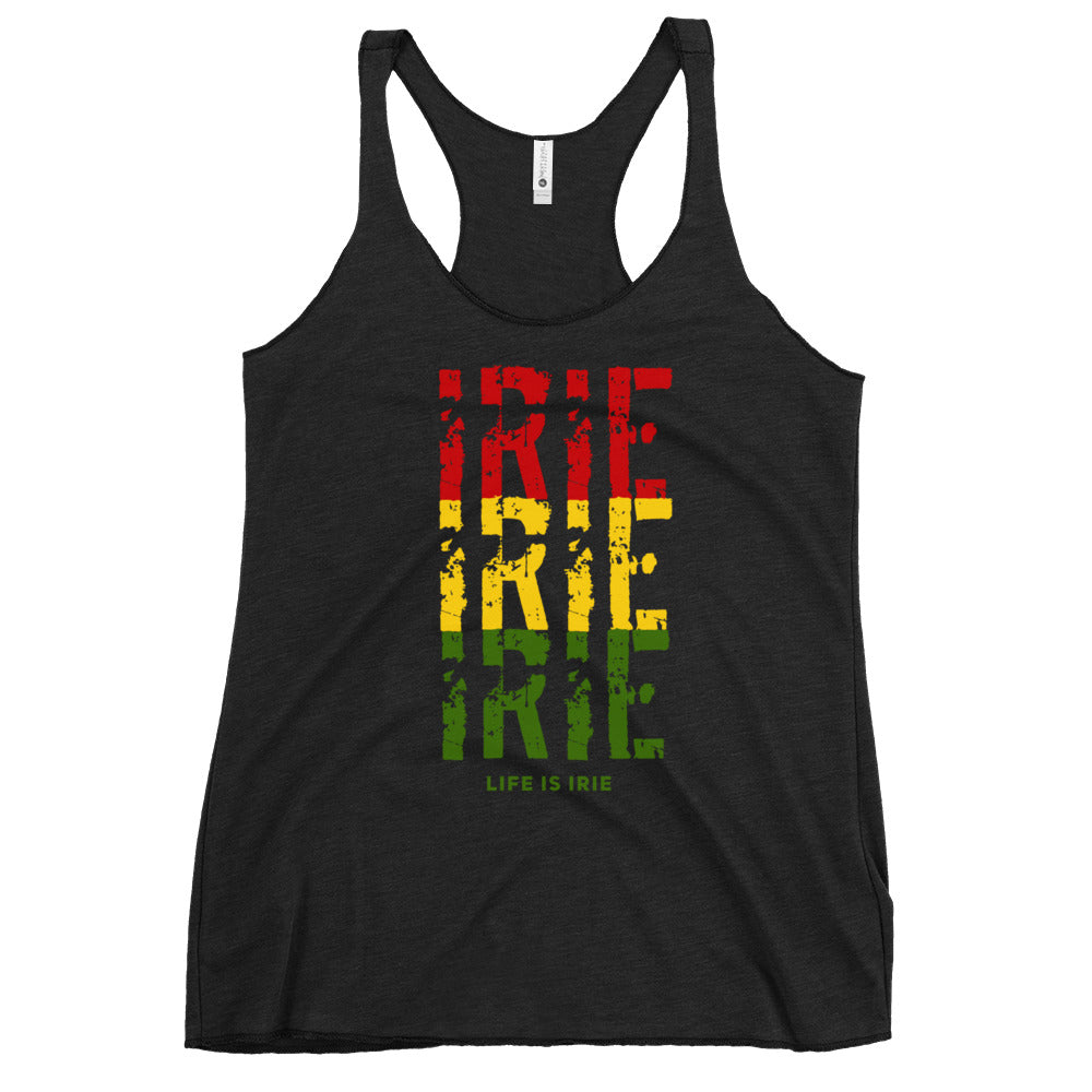 Black racerback tank top featuring front "irie irie irie" graphic in Reggae colors of red, gold, and green.