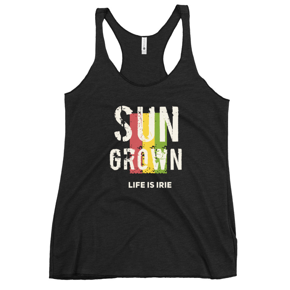 Black knit tank featuring front "sun grown" text graphic in Reggae colors red, gold, green. 