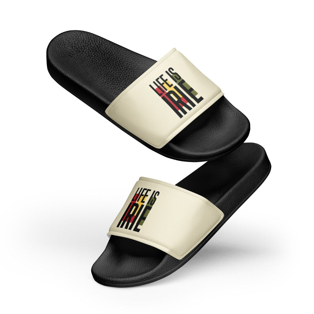 Women's slides. Cushioned upper strap featuring LIFE IS IRIE logo.